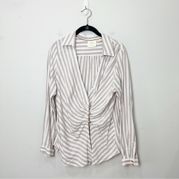 Anthropologie Maeve Striped Blouse Shirt Tan White Side Button - Picture 1 of 6